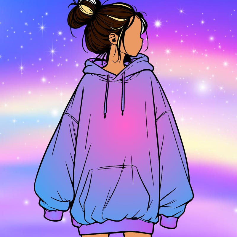 realistic girl with a oversized sweatshirt on and a bun