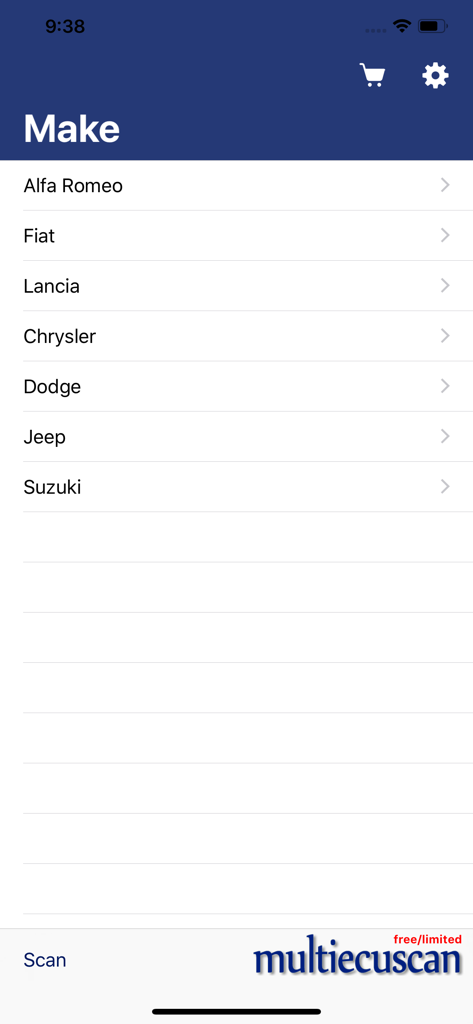 A list of supported car makes in the Multiecuscan app including Alfa Romeo Fiat and Jeep