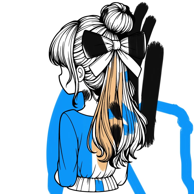 realistic girl  with hip length hair a bun and a big bow on the back of head