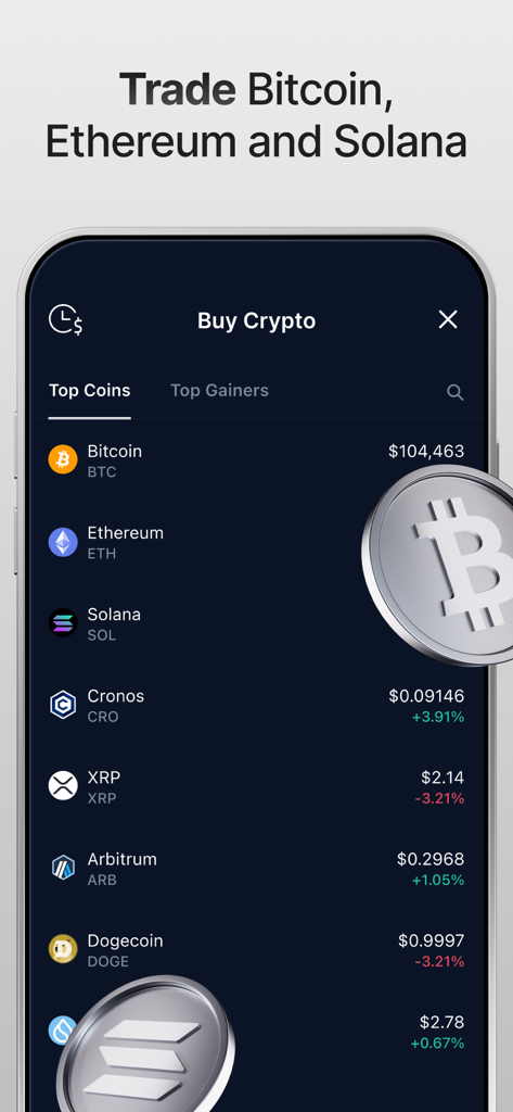 Crypto.com Onchain Wallet app screen showing options to trade Bitcoin Ethereum and Solana