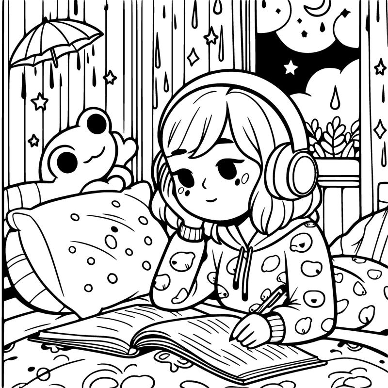 a girl laying in her bed doing homework listening to study lo-fi on a cold rainy night in night time froggy pjs