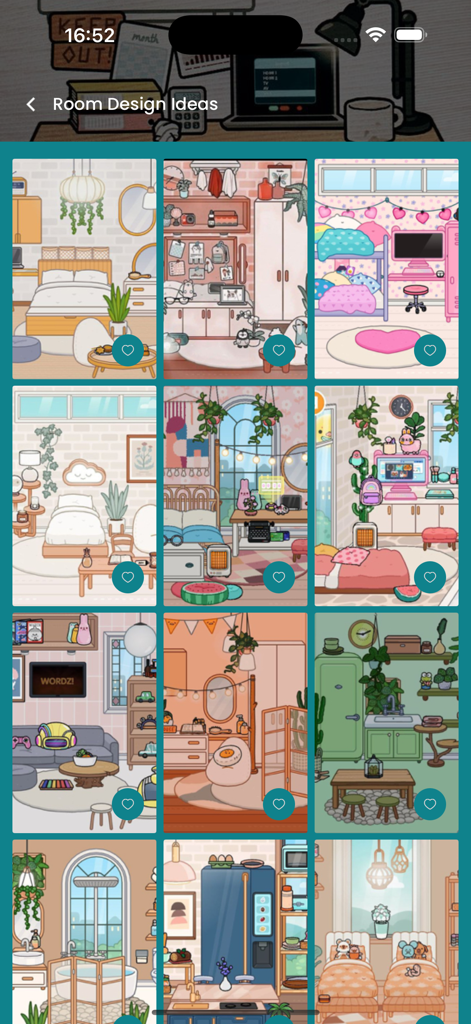 Room design ideas aesthetic - A mobile app interface displaying a grid of various aesthetic Toca Boca room design ideas for digital interior decoration.