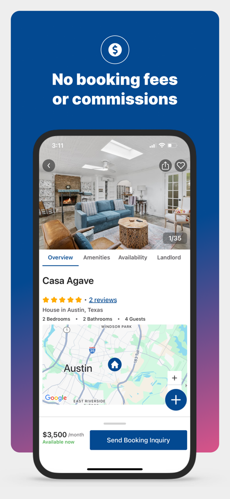 Furnished Finder App-Bildschirm, der ein möbliertes Haus zur Miete in Austin, Texas, ohne Buchungsgebühren zeigt.