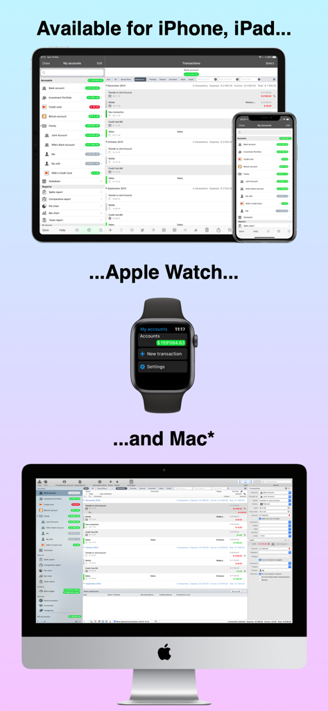 PocketMoney app interface shown on iPhone iPad Apple Watch and Mac computer
