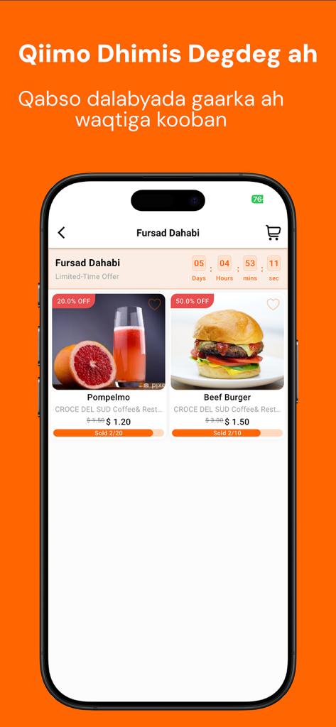 Screenshot of the flash sale section in the Caawiye app showing limited time discounts on food and drinks
