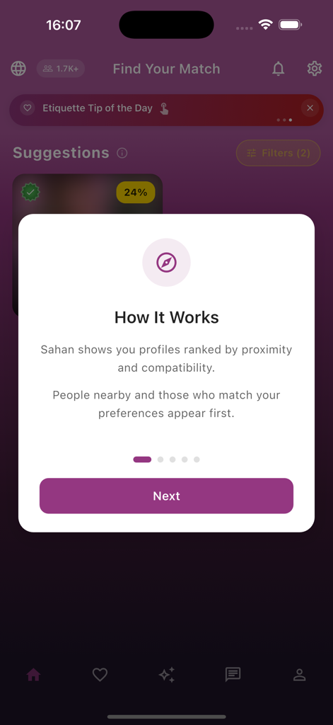 Sahan - Somali Marriage - A popup in the Sahan app explaining that profiles are ranked by proximity and user compatibility