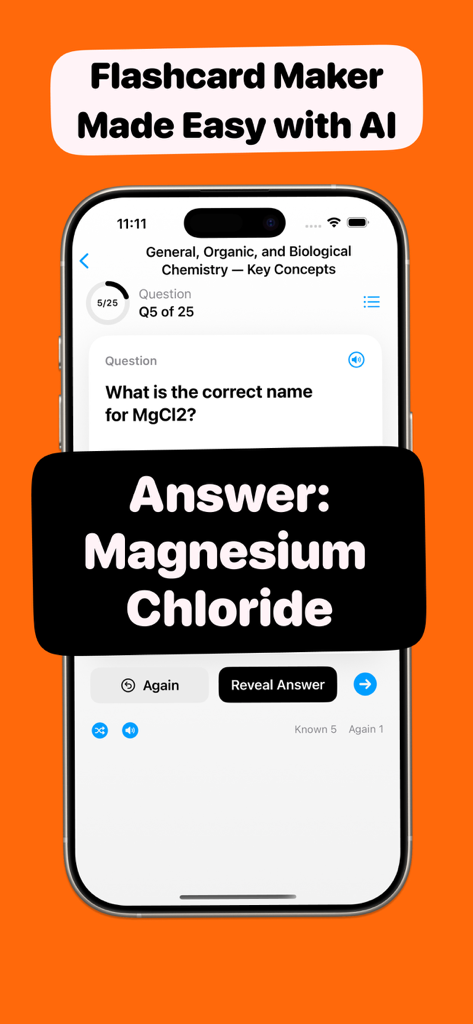 Flashcards Maker - DeckUp - Smartphone screen showing an AI generated flashcard for a chemistry question asking for the name of MgCl2 with the answer Magnesium Chloride