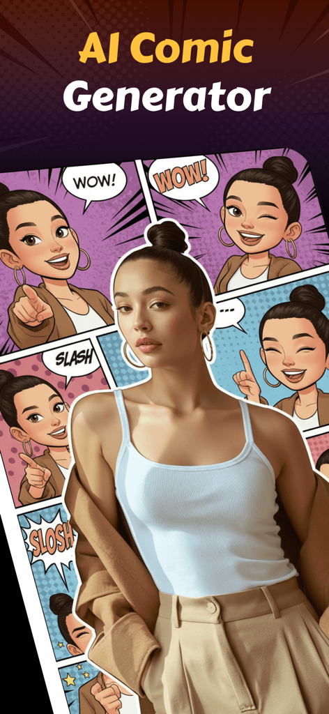 A photo of a woman being transformed into multiple comic book panels