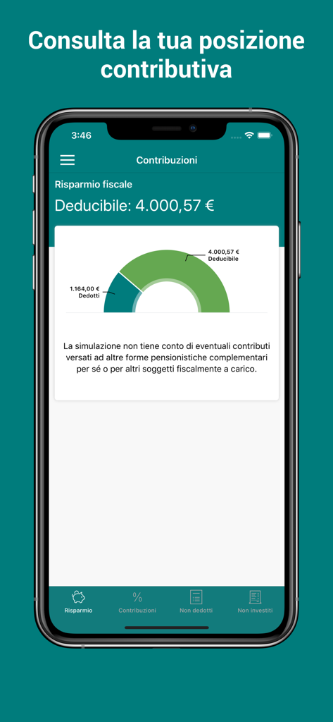 PreviAmbiente - Interfaccia dell'app PreviAmbiente che mostra il risparmio fiscale dei contributi pensionistici e un grafico dei dati