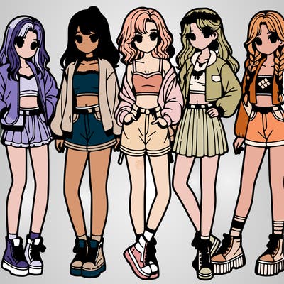 1 group of 5 girls one with long hair, crop top with jacket and flairs, another with short hair, long sleeved top, and shorts, another with a cute ponytail, crop top and skirt and another with braids, a skirt, and a crop top with a jacket