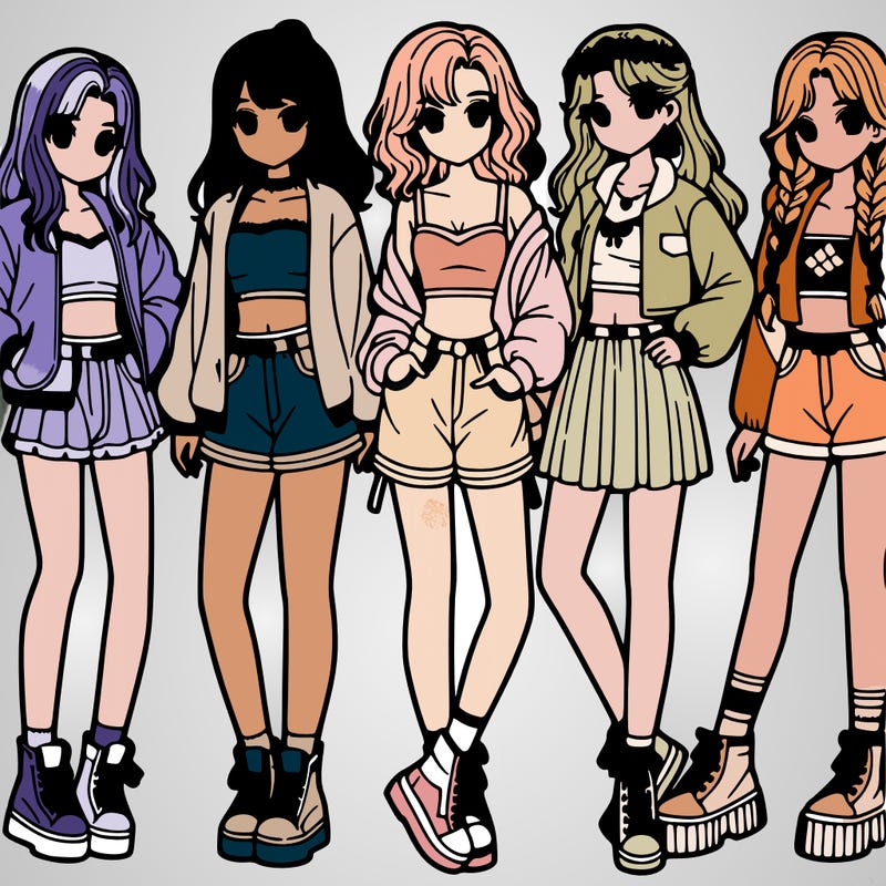 1 group of 5 girls one with long hair, crop top with jacket and flairs, another with short hair, long sleeved top, and shorts, another with a cute ponytail, crop top and skirt and another with braids, a skirt, and a crop top with a jacket