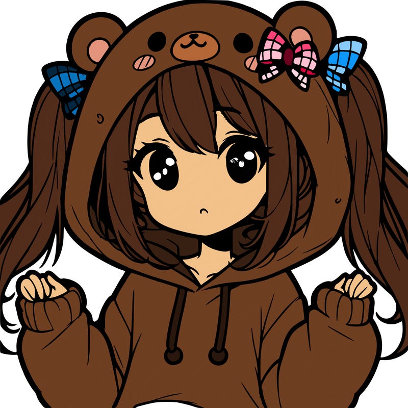 cute anime girl with ponytails and a cute bear hoodie