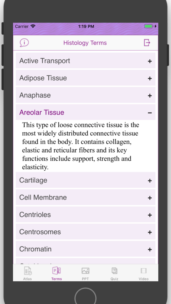 Histology Cell Tissue - Tela de aplicativo móvel mostrando uma lista de termos de histologia com a definição de tecido areolar expandida.