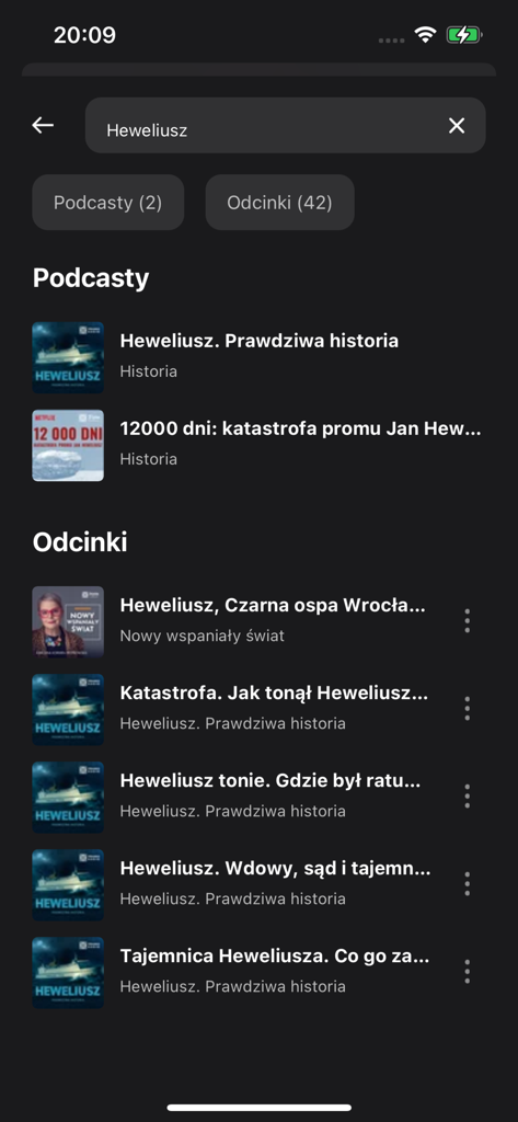 Pantalla de resultados de búsqueda en la aplicación Polskie Radio mostrando podcasts y episodios relacionados con el término Heweliusz.
