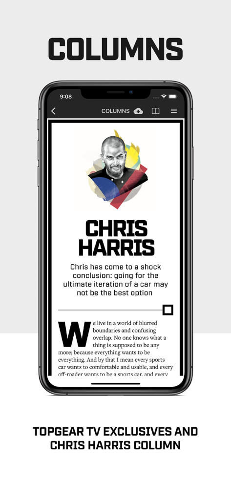Top Gear Magazine - Aplicativo da Revista Top Gear mostrando a coluna de Chris Harris