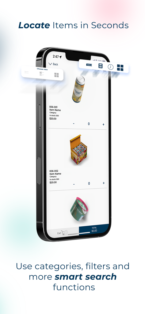 Listaso Sales app interface displaying a digital product catalog with categories and smart search functions.