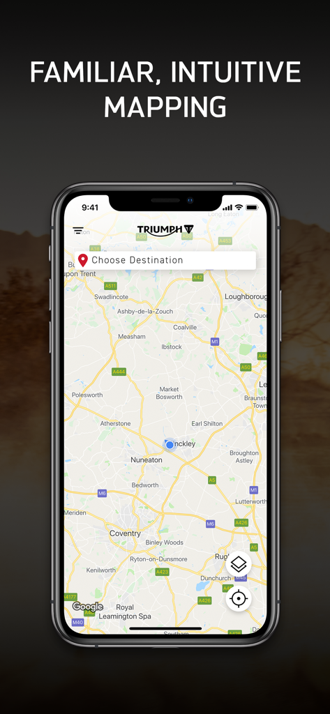 My Triumph - My Triumph app navigation interface showing Google powered mapping