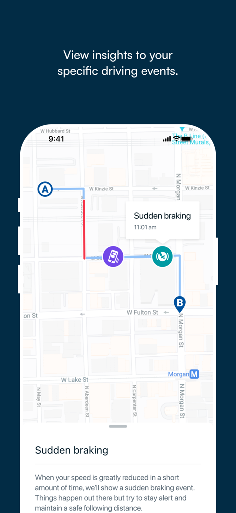 Routely℠ - A map in the Routely app showing a sudden braking event and driving insights during a trip.