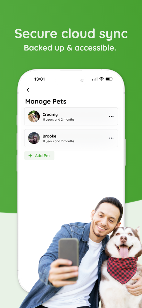 That Pet App - Health Tracker - Tela Gerenciar Pets no That Pet App mostrando recurso de sincronização em nuvem segura e perfis para múltiplos pets.
