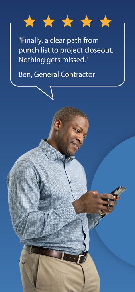 Punch List and Issue Tracker - パンチリストアプリの肯定的な5つ星のレビューが付いた、携帯電話を使用しているゼネラルコントラクター