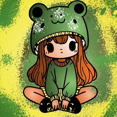a girl wearing a frog hat and some frog socks