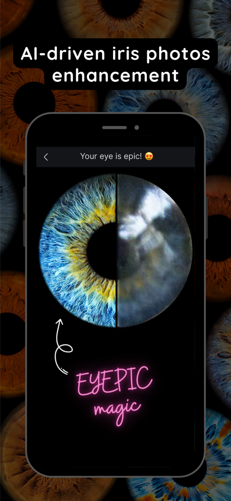 Eyepic: Eye Color Camera - Ein Seitenvergleich zeigt ein unscharfes Original-Augenfoto neben einer hochauflösenden KI-verbesserten Iris mit detaillierten blauen und gelben Mustern.