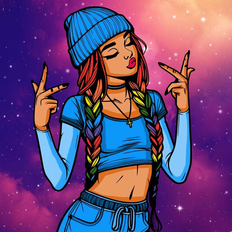 realistic teenage girl with braids and a beanie and crop top doing 🫶🏼