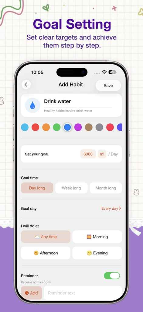 Pure Habit app goal setting screen for adding a custom daily habit like drinking water.