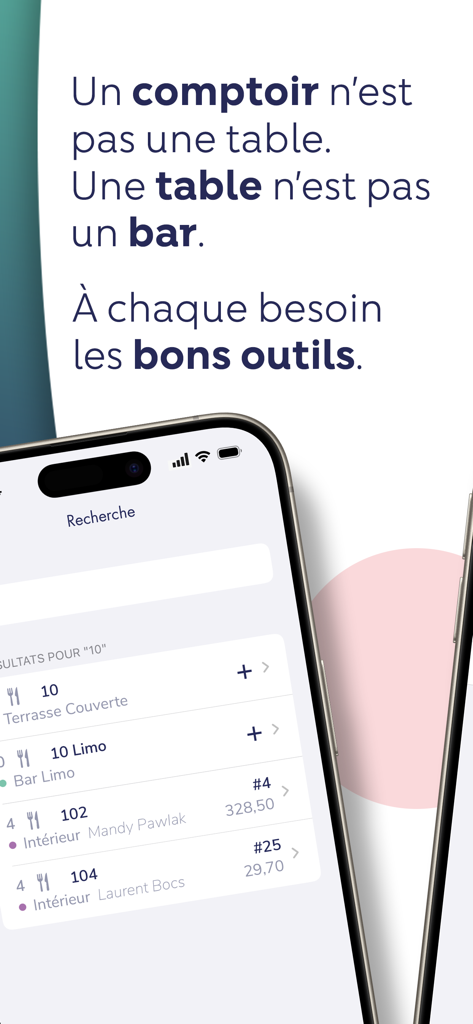 Interface de l'application L'Addition Suite sur un smartphone montrant les résultats de recherche de gestion de tables et de comptoirs de restaurant.