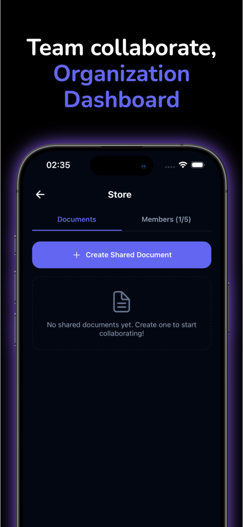 Filler AIモバイルアプリの組織ダッシュボード。チームコラボレーションと共有ドキュメント用です。