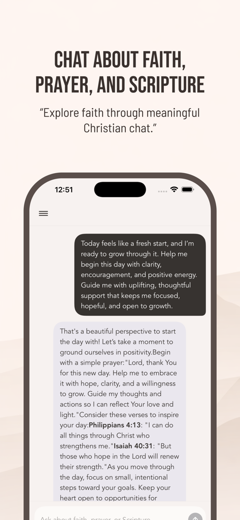 Uno screenshot di un'app mobile che mostra un'interfaccia di chat per esplorare la fede, la preghiera e le scritture con versetti biblici personalizzati.