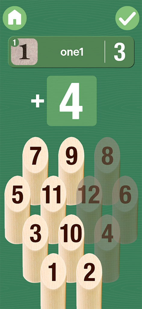 Mölkky Game Tracker App-Oberfläche mit Eingabe des Spielstands und Auswahl der gefallenen Stifte