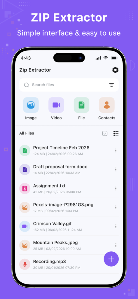 Zip Extractor : UnZIP & UnRAR - Zip Extractor mobile app interface showing a list of organized files and folders on an iPhone