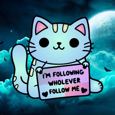cat with a sign that says i’m following whoever follows me