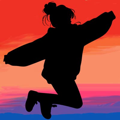 realistic girl jumping with a bun and oversized sweatshirt