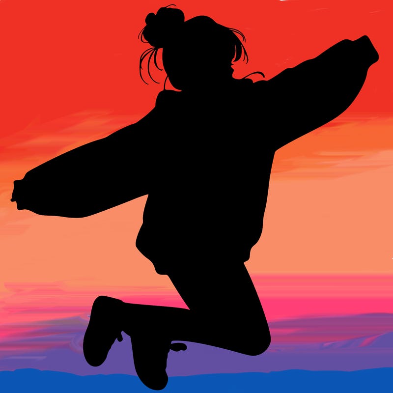 realistic girl jumping with a bun and oversized sweatshirt