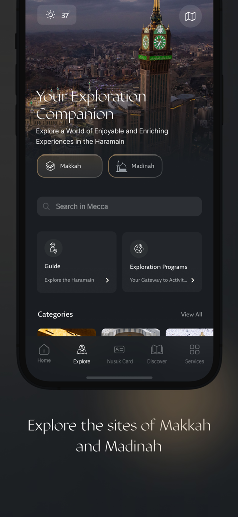 Nusuk app exploration interface for pilgrims showing travel guides and exploration programs for Makkah and Madinah