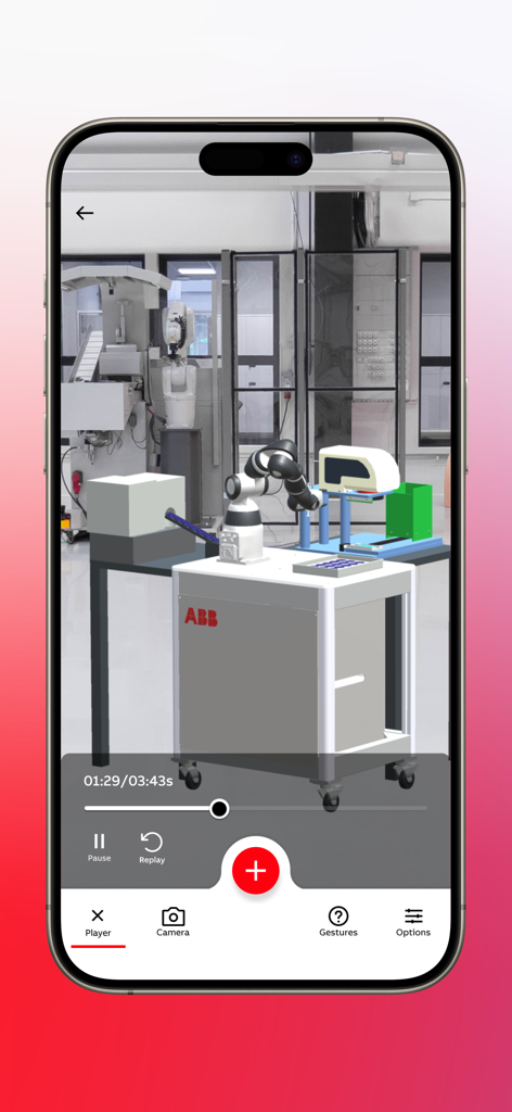 RobotStudio® AR Viewer - ABB RobotStudio AR Viewer displaying an industrial robot simulation in a real world factory setting