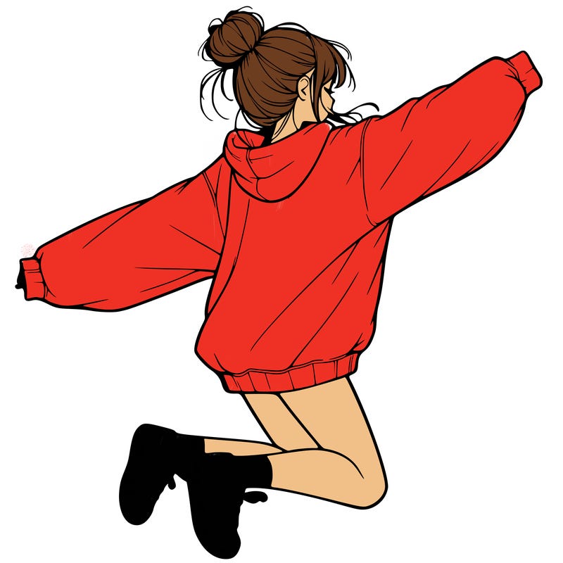 realistic girl jumping with a bun and oversized sweatshirt