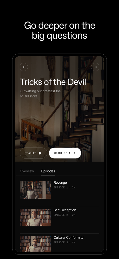 Behold: Experience Islam - La interfaz de la aplicación Behold muestra una lista de episodios de video para la serie 'Trucos del Diablo'.