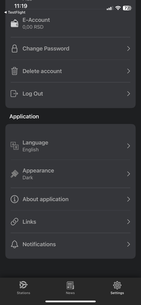 Beograd Plus - Beograd Plus app settings screen in dark mode with options for language and account management
