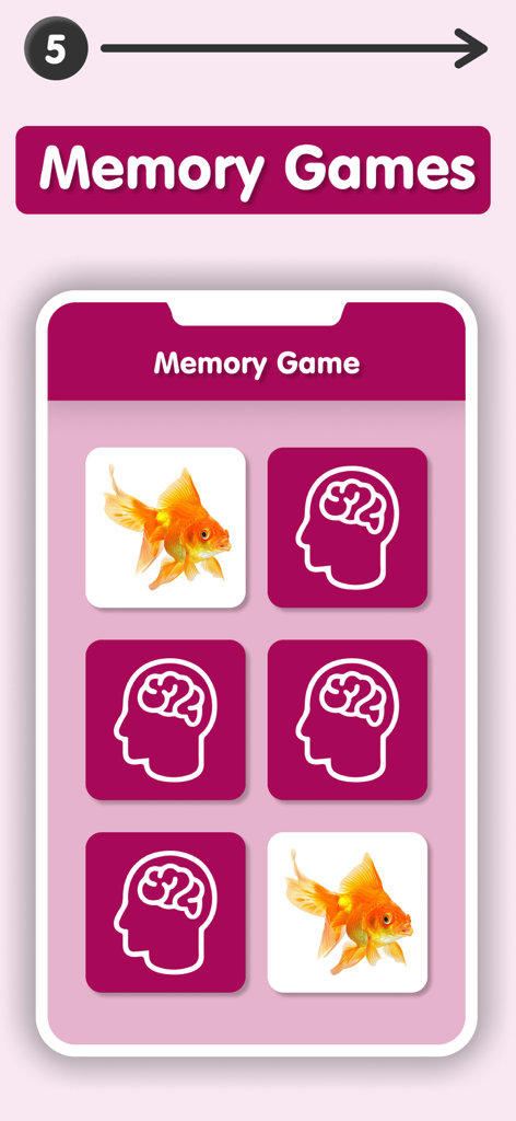 Educational memory matching game for kids featuring goldfish cards