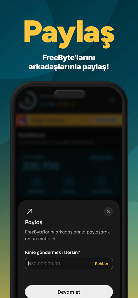 GIFTBANK - Interface móvel do aplicativo GIFTBANK mostrando uma tela de compartilhamento para enviar pontos FreeByte para amigos por número de telefone.