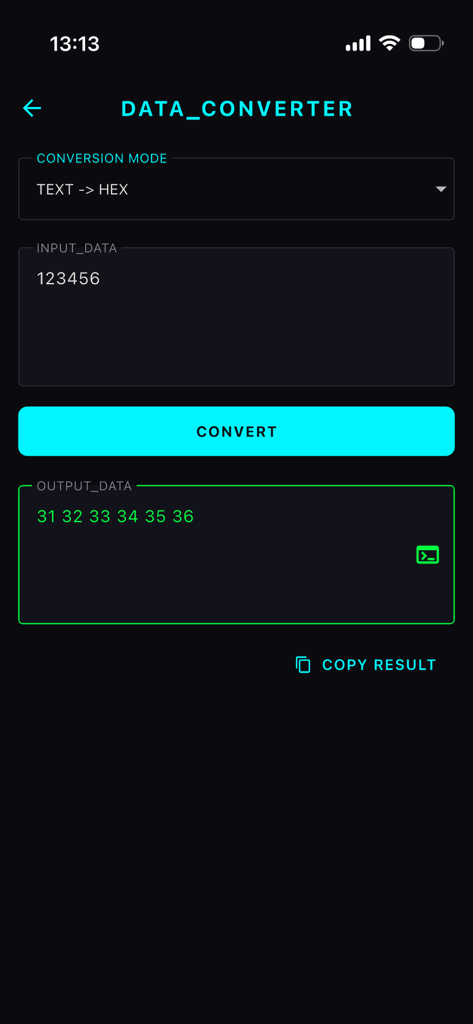Cyber Deck - System Console - Cyber Deck app data converter interface showing text to hex conversion
