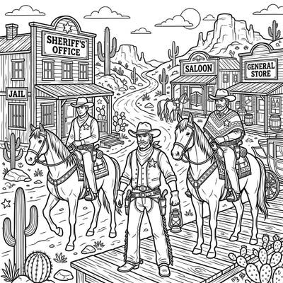 Step back in time to the dusty streets of the Old West with this engaging coloring page featuring courageous sheriffs. Bring the excitement of a frontier town to life as you color these iconic guardians of justice and their detailed surroundings.