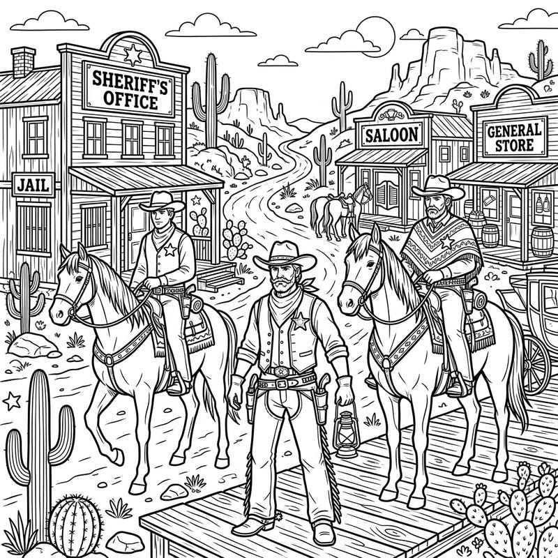 Step back in time to the dusty streets of the Old West with this engaging coloring page featuring courageous sheriffs. Bring the excitement of a frontier town to life as you color these iconic guardians of justice and their detailed surroundings.
