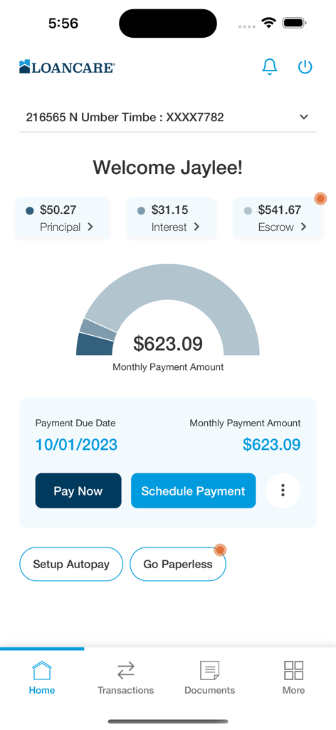 Home dashboard of the My LoanCare Go app displaying mortgage payment breakdown for principal, interest, and escrow with options to pay now or schedule a payment.