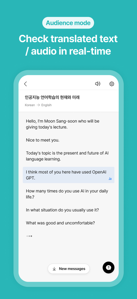 Screenshot of Flitto Live Translation app showing real-time text translation for an audience during a lecture.