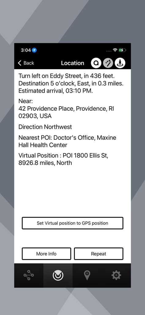 Indigo Nav - Indigo Nav location screen showing detailed navigation info and nearby points of interest