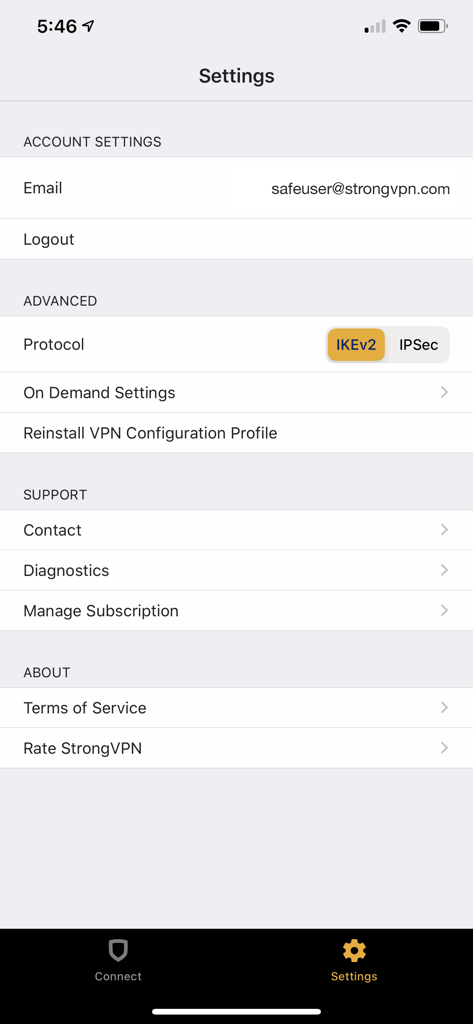 Settings screen of StrongVPN app showing account management and protocol configuration